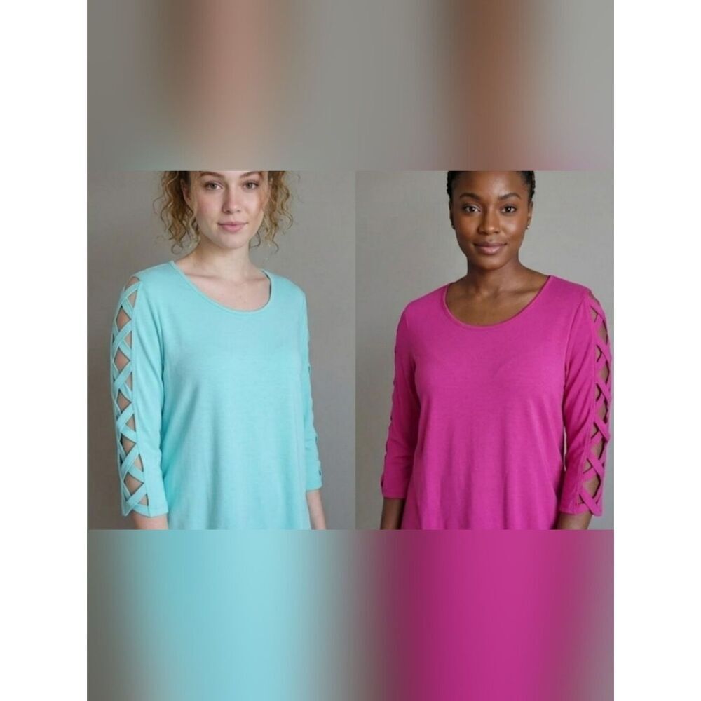 Two top bundle Sz M Denim 24/7 brand Fuschia and Lt Turquoise